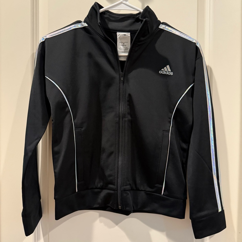 Adidas Track Jacket Girl Size M 10-12Y Full Zip Black Holographic Shimmer